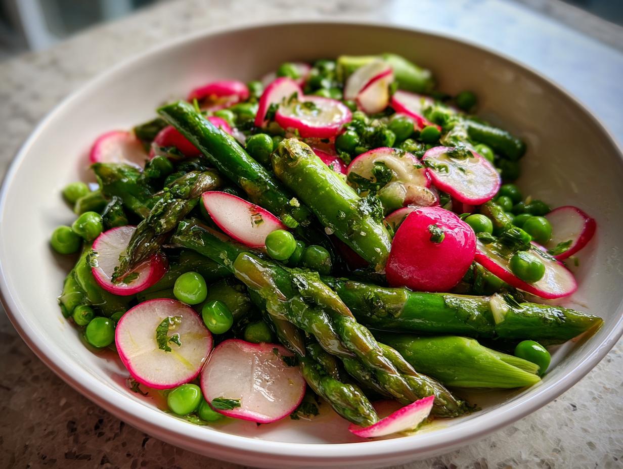 Bowl of spring vegetable side dishes featuring asparagus, peas, and sliced radishes with herbs