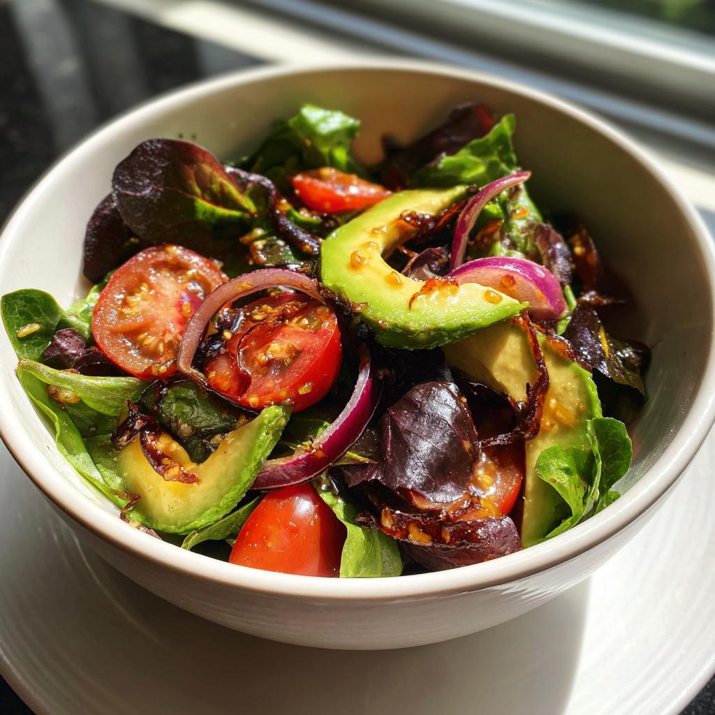 Bowl of spring vegetarian dinners salad with avocado, cherry tomatoes, red onion, and mixed greens