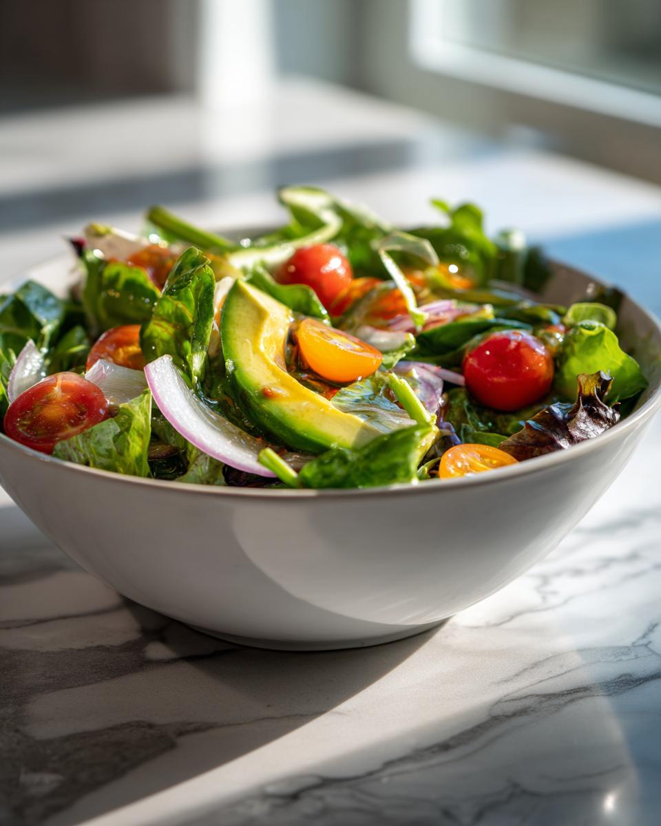 Bowl of fresh spring vegetarian dinners salad with avocado, cherry tomatoes, and leafy greens.