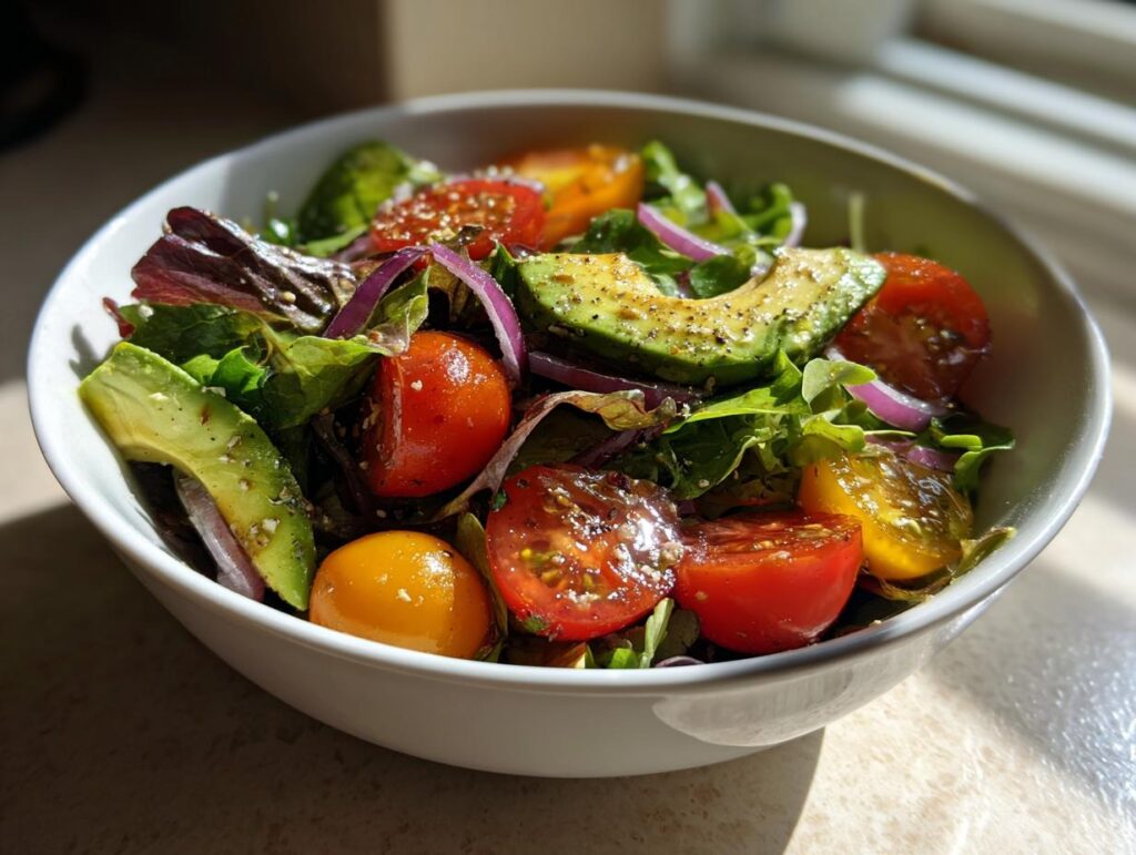 Bowl of fresh spring vegetarian dinners salad with avocado, cherry tomatoes, red onion, and mixed greens