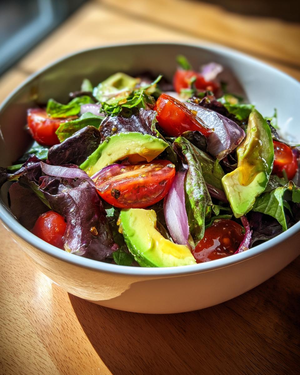Bowl of fresh spring vegetarian dinners salad with avocado, cherry tomatoes, red onion, and mixed greens