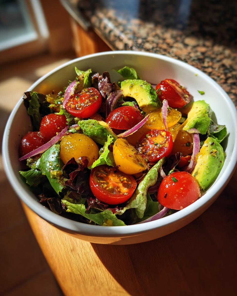 Bowl of spring vegetarian dinners salad with cherry tomatoes, avocado, red onion, and mixed greens.