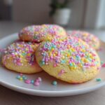 Plate of soft cookies covered with pastel-colored sprinkles for quick Easter desserts
