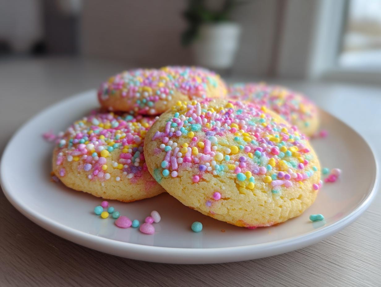 Plate of soft cookies covered with pastel-colored sprinkles for quick Easter desserts