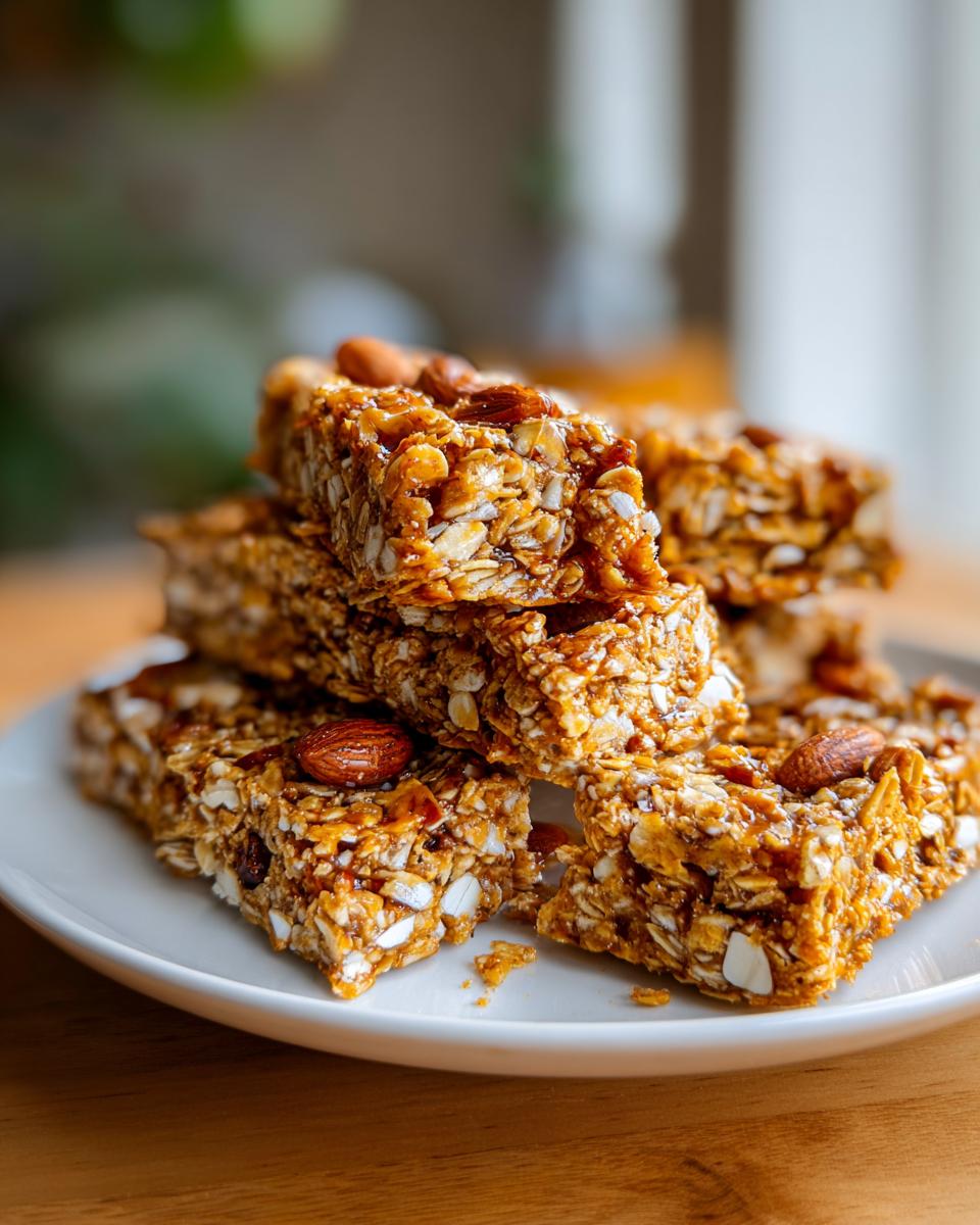 Close-up of stacked homemade granola snacks with nuts on a white plate.