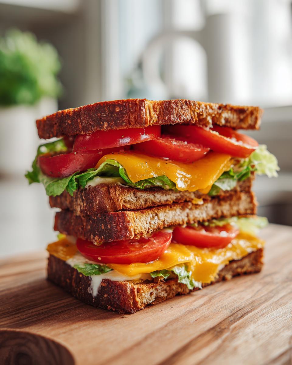 Close-up of a stacked sandwich with cheddar cheese, tomato slices, and lettuce on toasted bread.