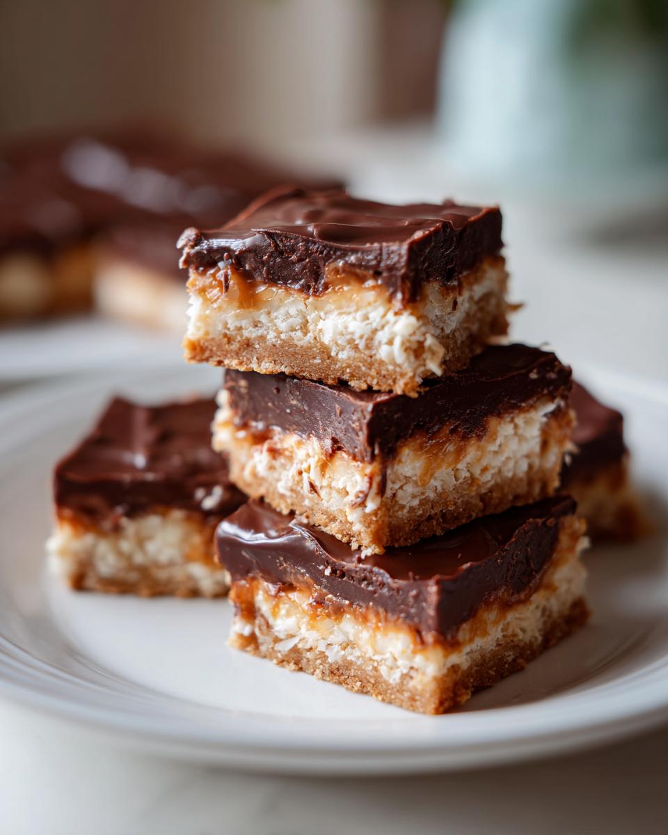 Close-up of stacked chocolate coconut dessert bars with chocolate topping and coconut filling.