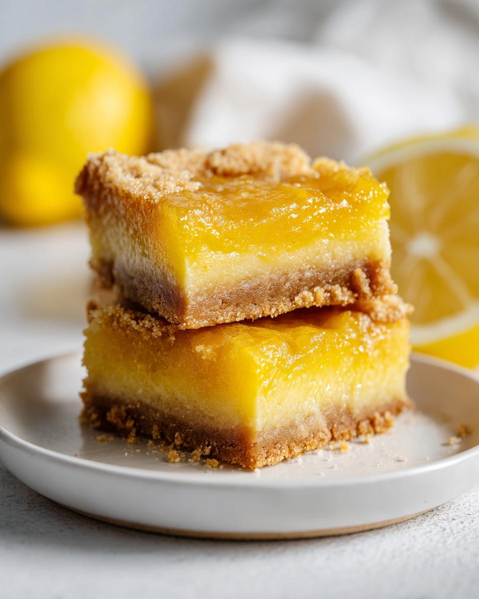 Two stacked lemon bars with a crumbly crust and bright yellow lemon filling on a white plate.
