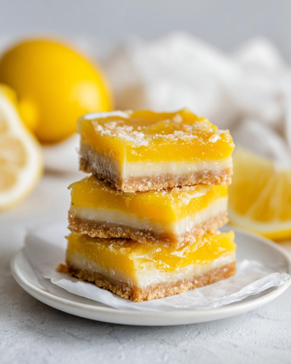 Three stacked lemon bars with a crumbly base and bright yellow lemon topping on a white plate.