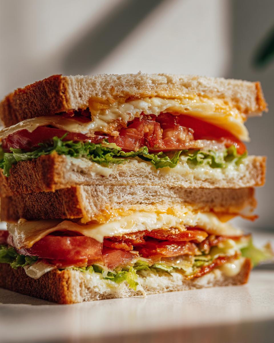 Close-up of a stacked sandwich with lettuce, tomato, melted cheese, and toasted bread.
