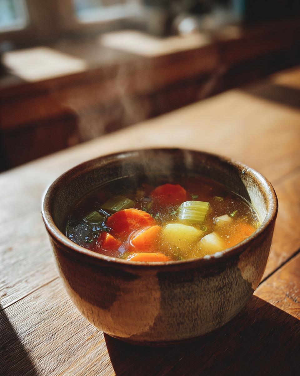 Steaming bowl of homemade soup recipes with carrots, celery, and potatoes on wooden table.