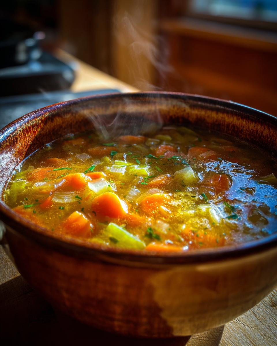Close-up of a steaming bowl of vegetable soup with carrots and herbs, homemade soup recipes