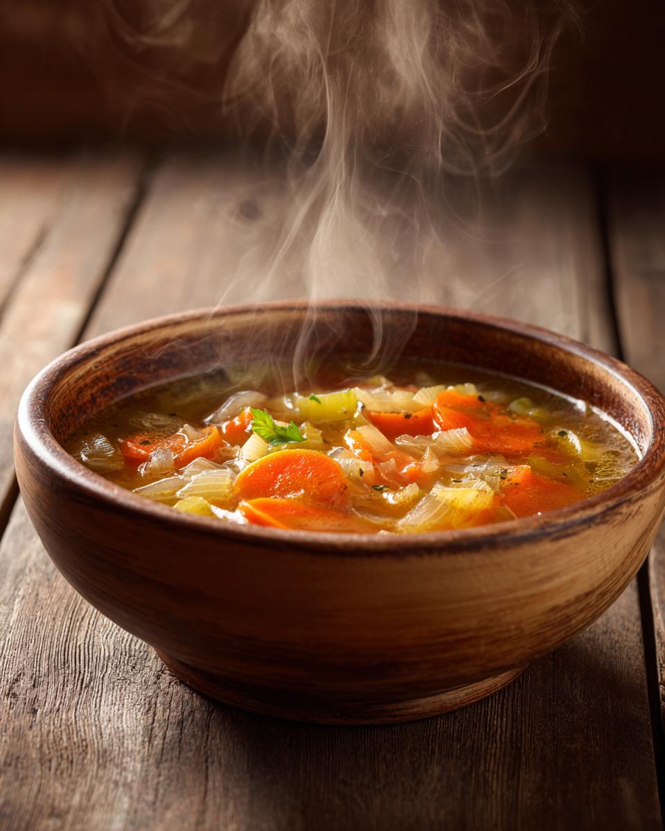 Wooden bowl filled with steaming homemade soup recipes featuring carrots and herbs