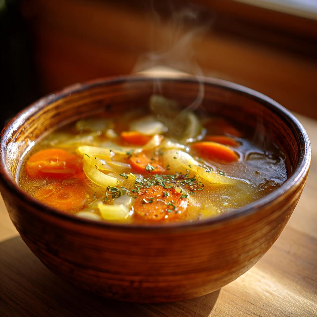 Steaming bowl of homemade soup recipes with carrots, onions, and herbs in a wooden bowl