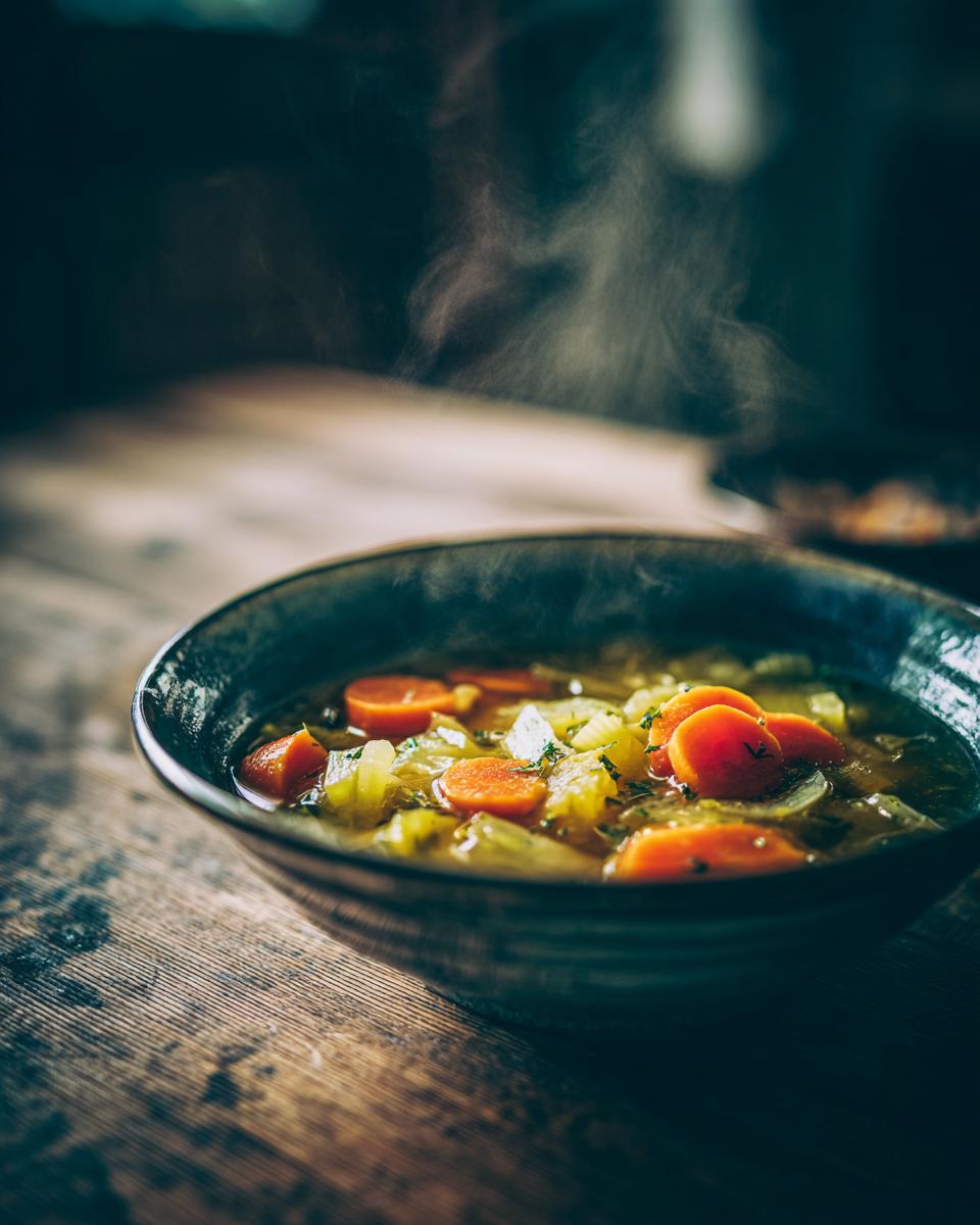 Close-up of steaming homemade vegetable soup with carrots and celery in a dark bowl