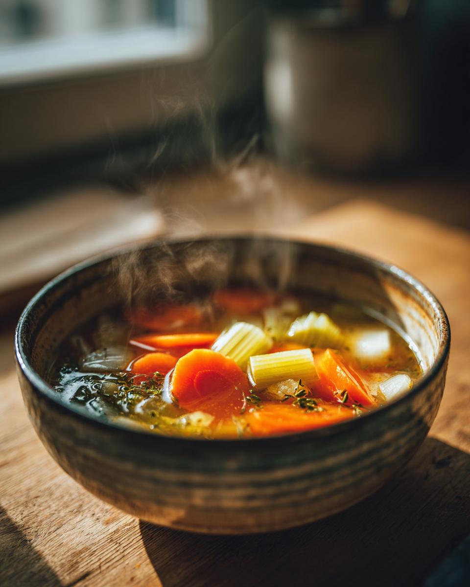 Steaming bowl of homemade soup recipes with carrots, celery, and herbs in broth.