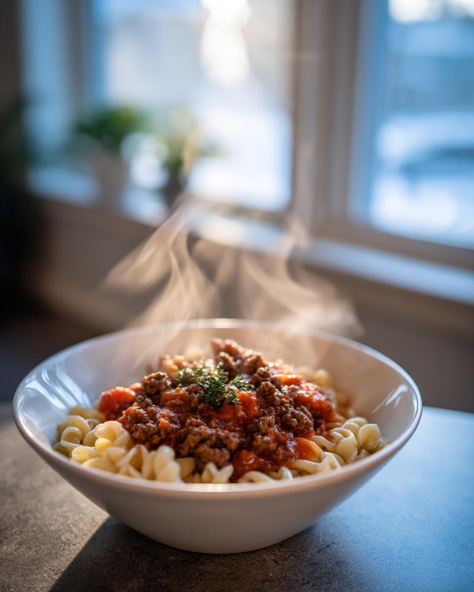 Steaming bowl of pasta topped with meat sauce and herbs, ready for quick family dinners.