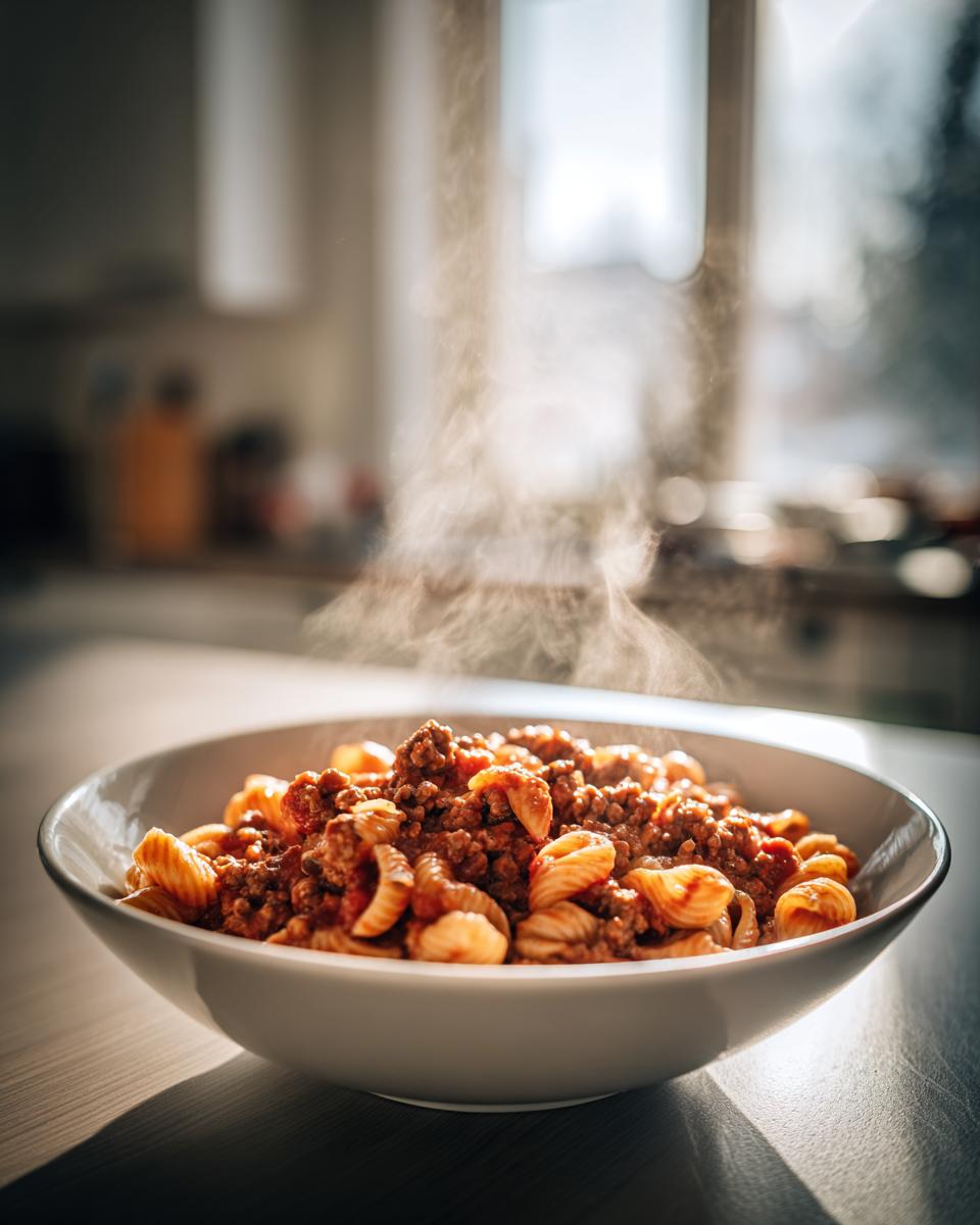 Bowl of steaming pasta shells topped with rich meat sauce, perfect for quick family dinners