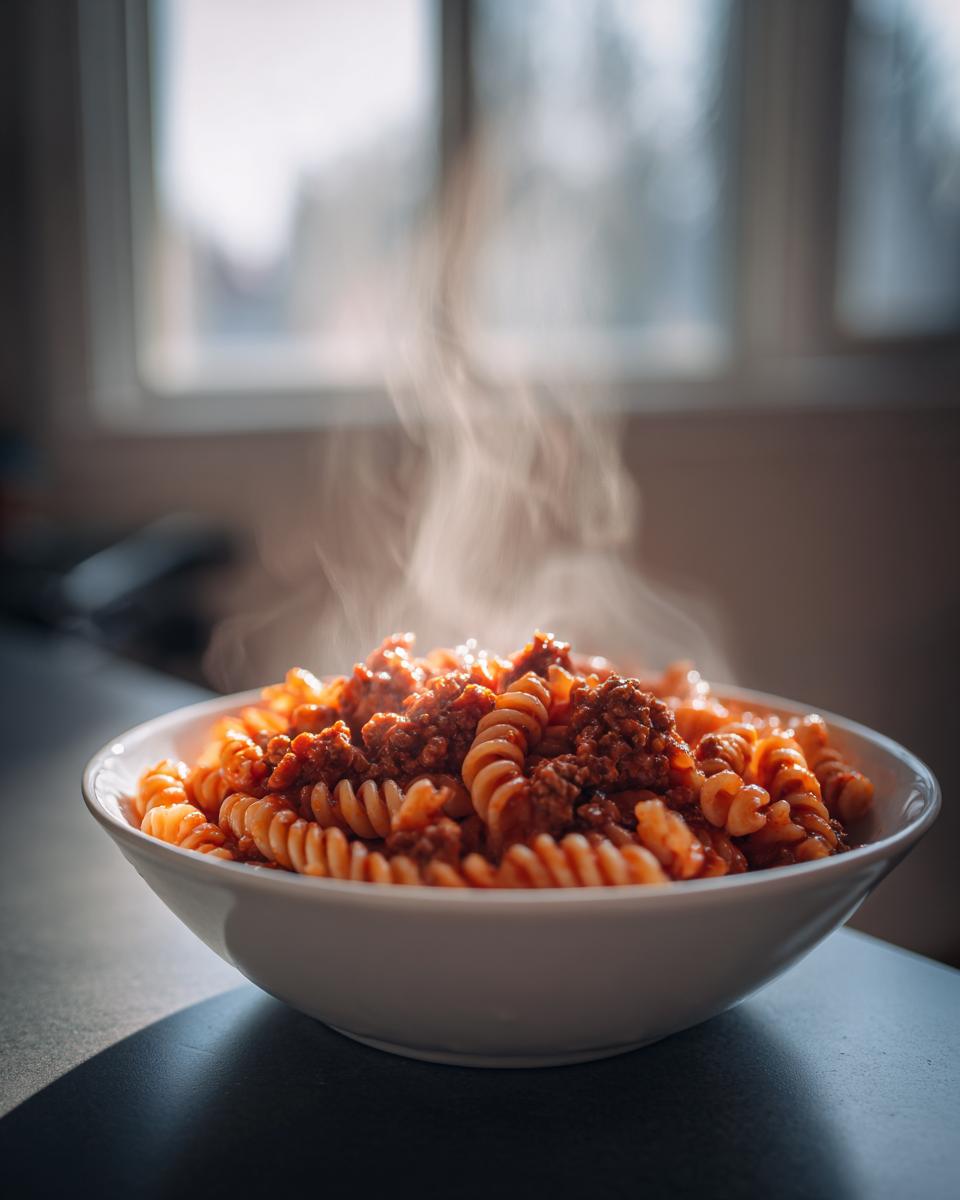 Steaming bowl of rotini pasta with meat sauce representing quick family dinners