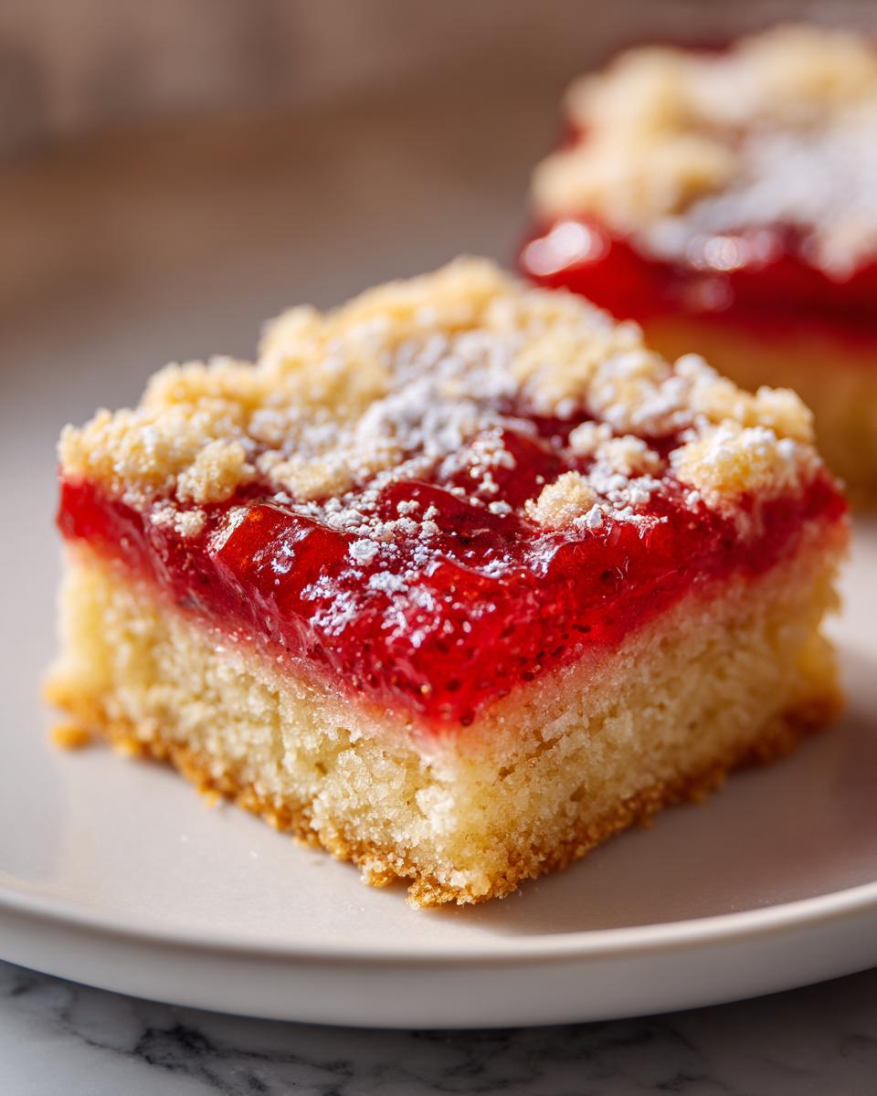 Close-up of a strawberry jam crumble bar dusted with powdered sugar on a plate