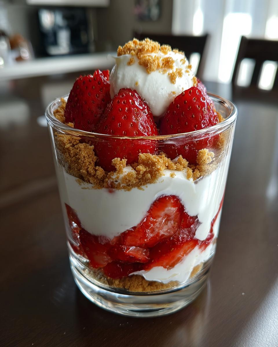 Glass filled with layered strawberries, whipped cream, and crumb topping dessert for easy spring desserts