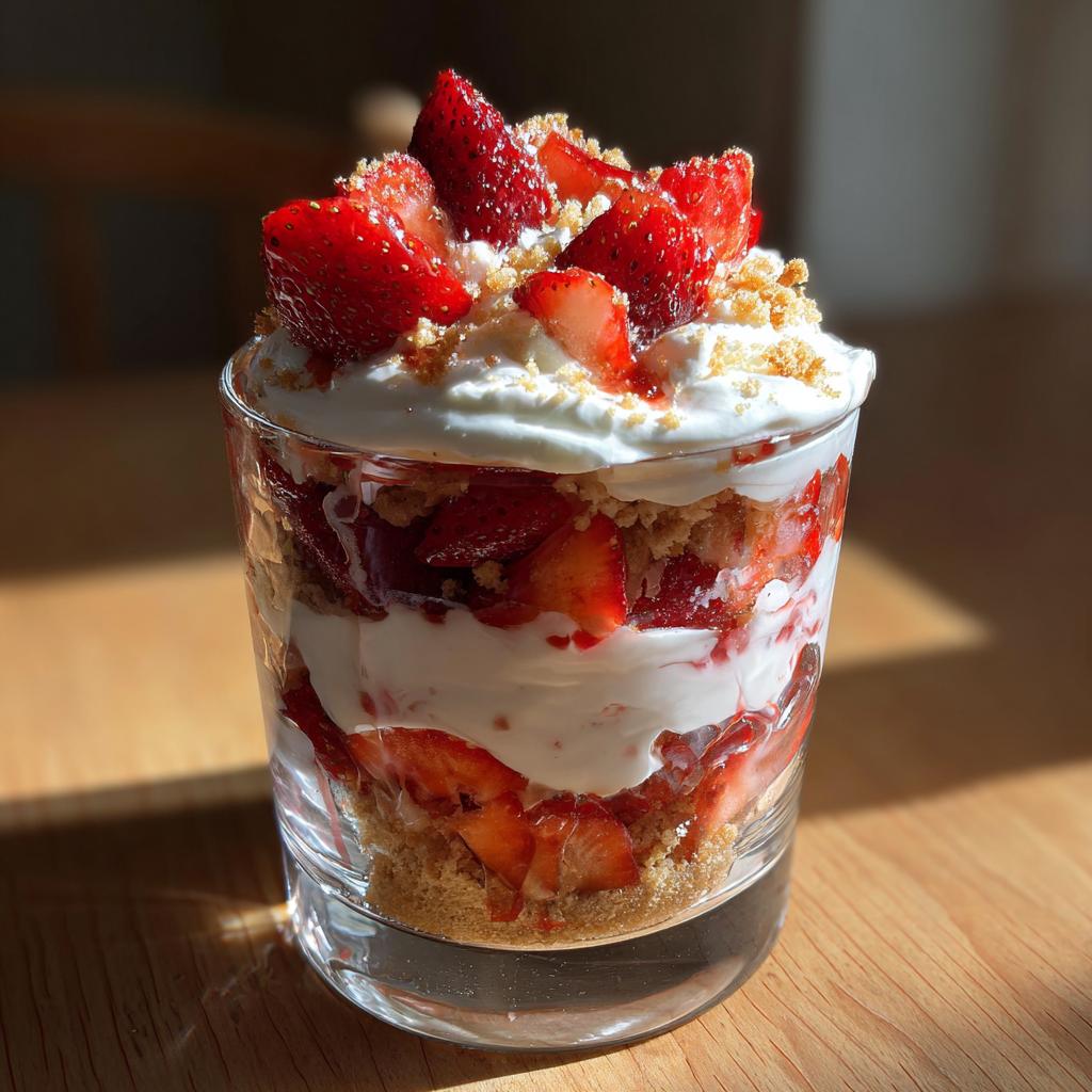 Glass filled with layered strawberry parfait with cream and crumb topping, an easy spring desserts treat.