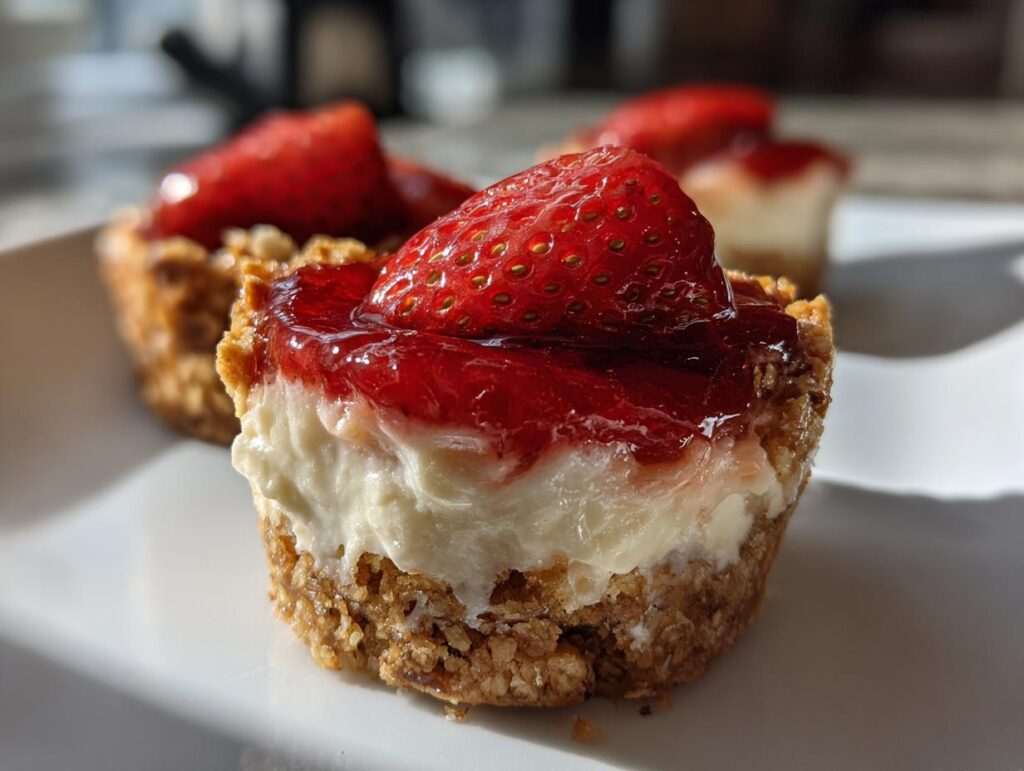 Close-up of strawberry pretzel dessert cups topped with fresh strawberries and strawberry glaze