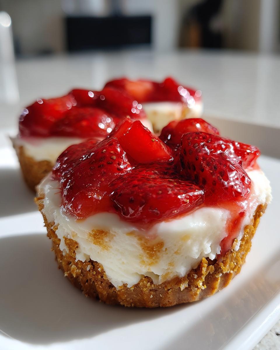 Two strawberry pretzel dessert cups with creamy filling and fresh strawberry topping on a white plate.
