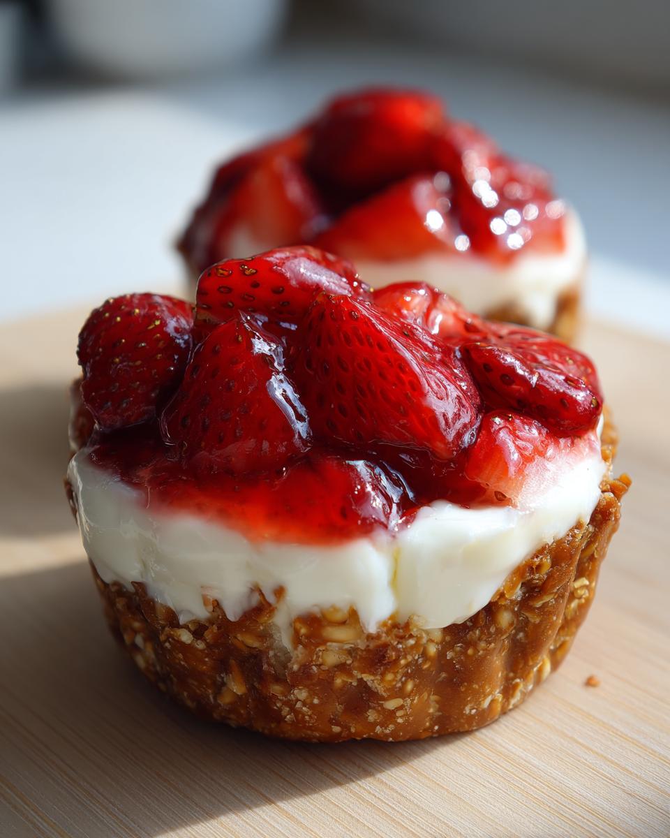 Two strawberry pretzel dessert cups topped with glazed fresh strawberries and creamy filling.