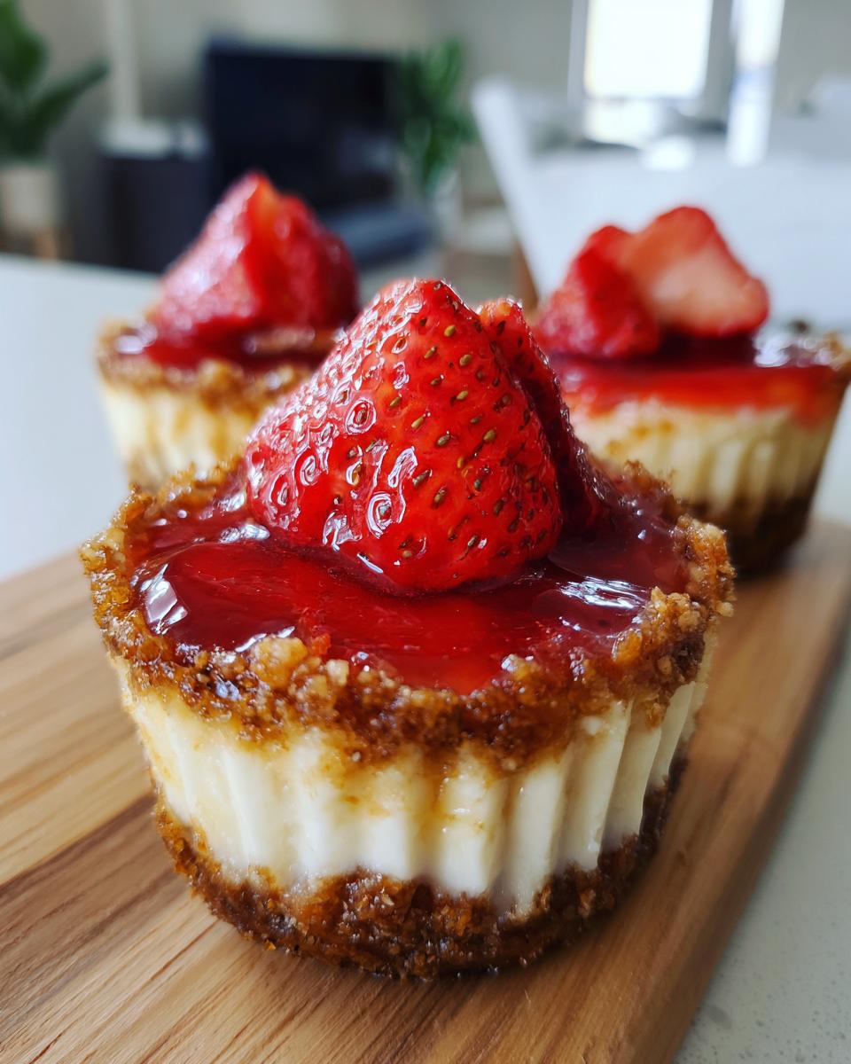 Three strawberry pretzel dessert cups topped with fresh strawberries on a wooden board