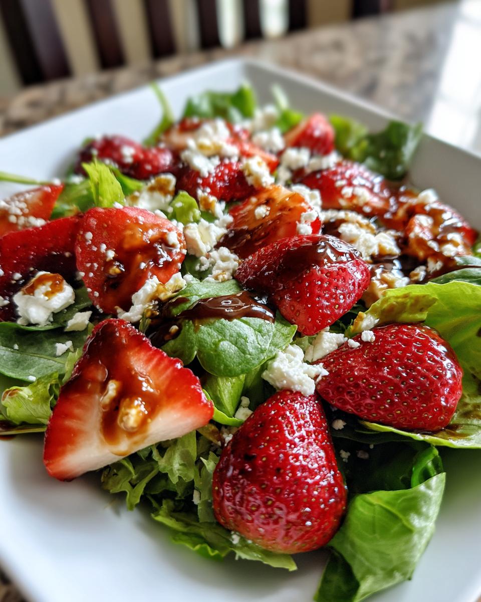 Close-up of fresh strawberry salad with goat cheese and greens drizzled with balsamic glaze
