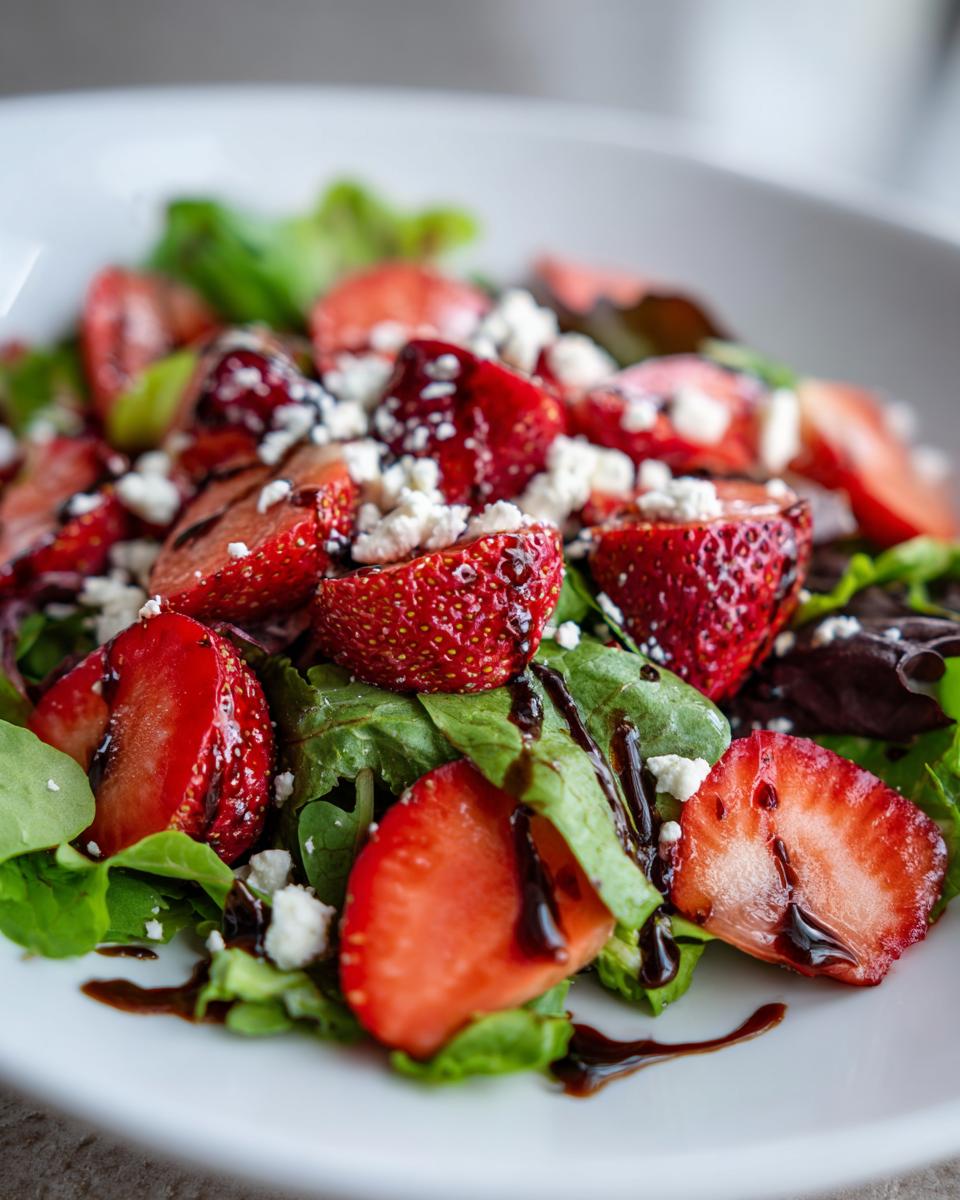 Close-up of fresh strawberry salad with goat cheese and balsamic glaze on mixed greens