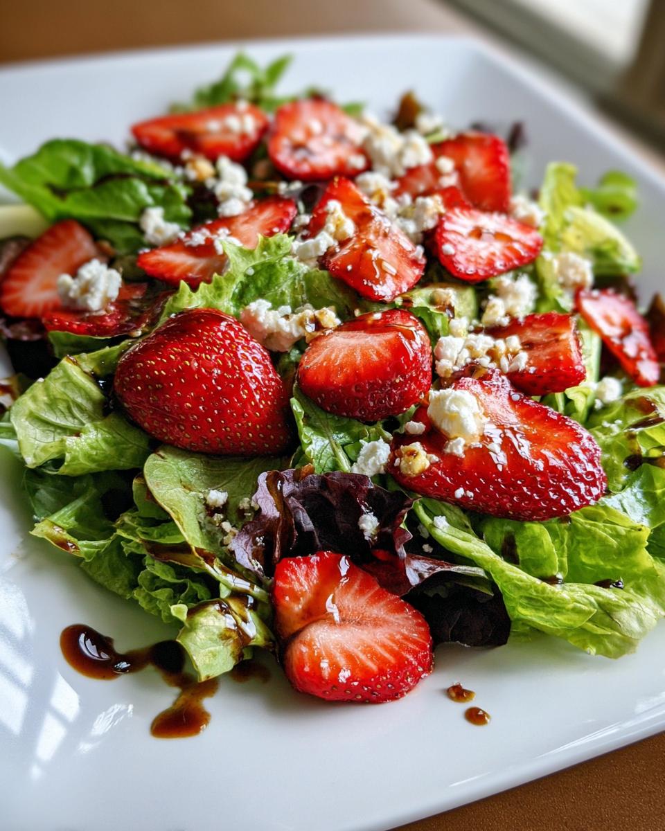 Fresh strawberry salad with mixed greens, goat cheese, and balsamic drizzle on a white plate.