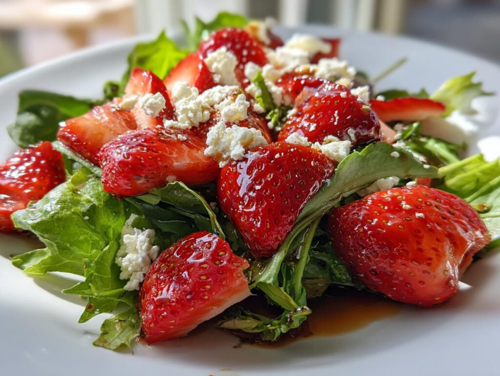 Close-up of fresh strawberry salad with greens and crumbled cheese, perfect spring holiday recipes dish.