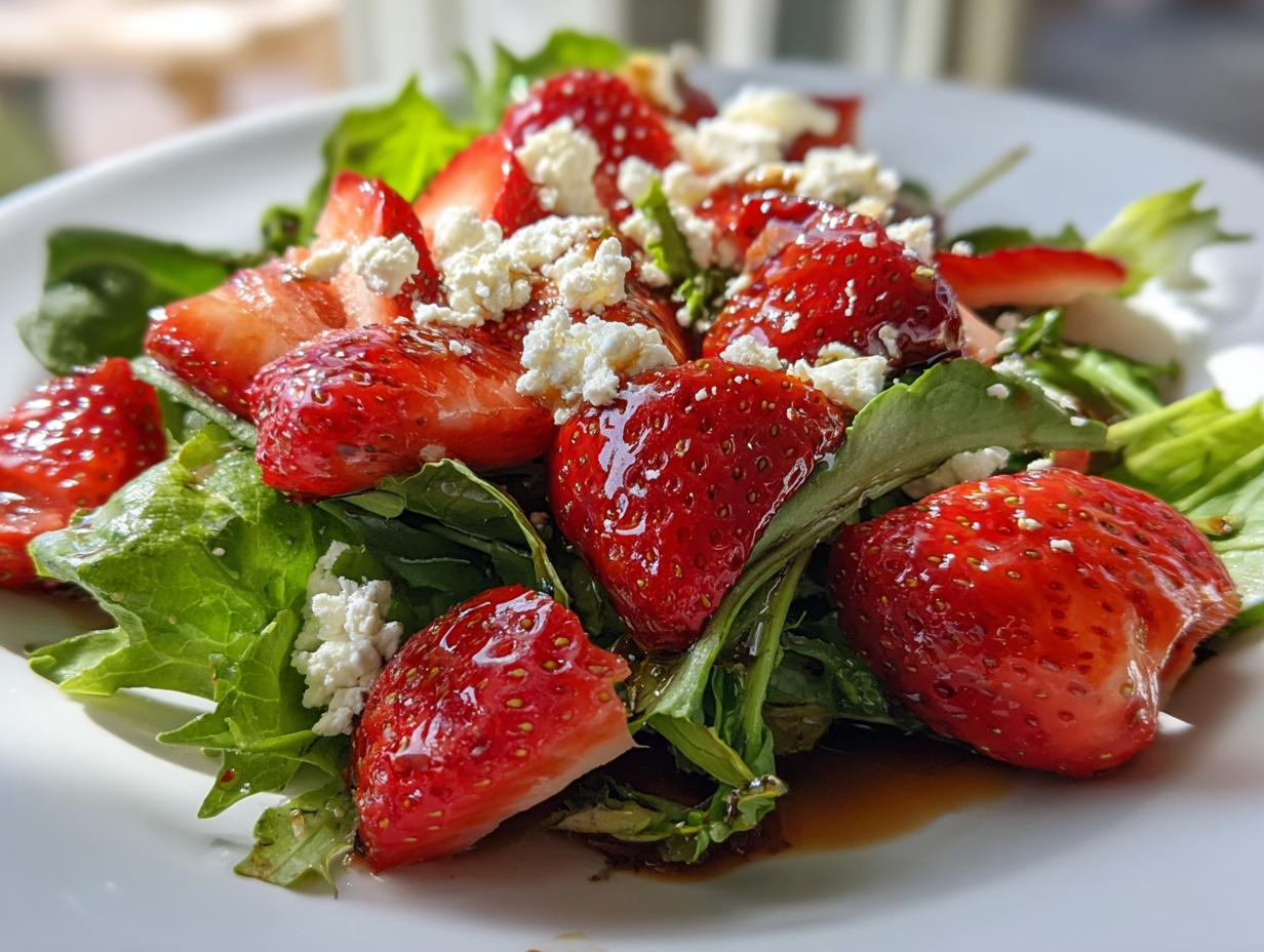 Close-up of fresh strawberry salad with greens and crumbled cheese, perfect spring holiday recipes dish.