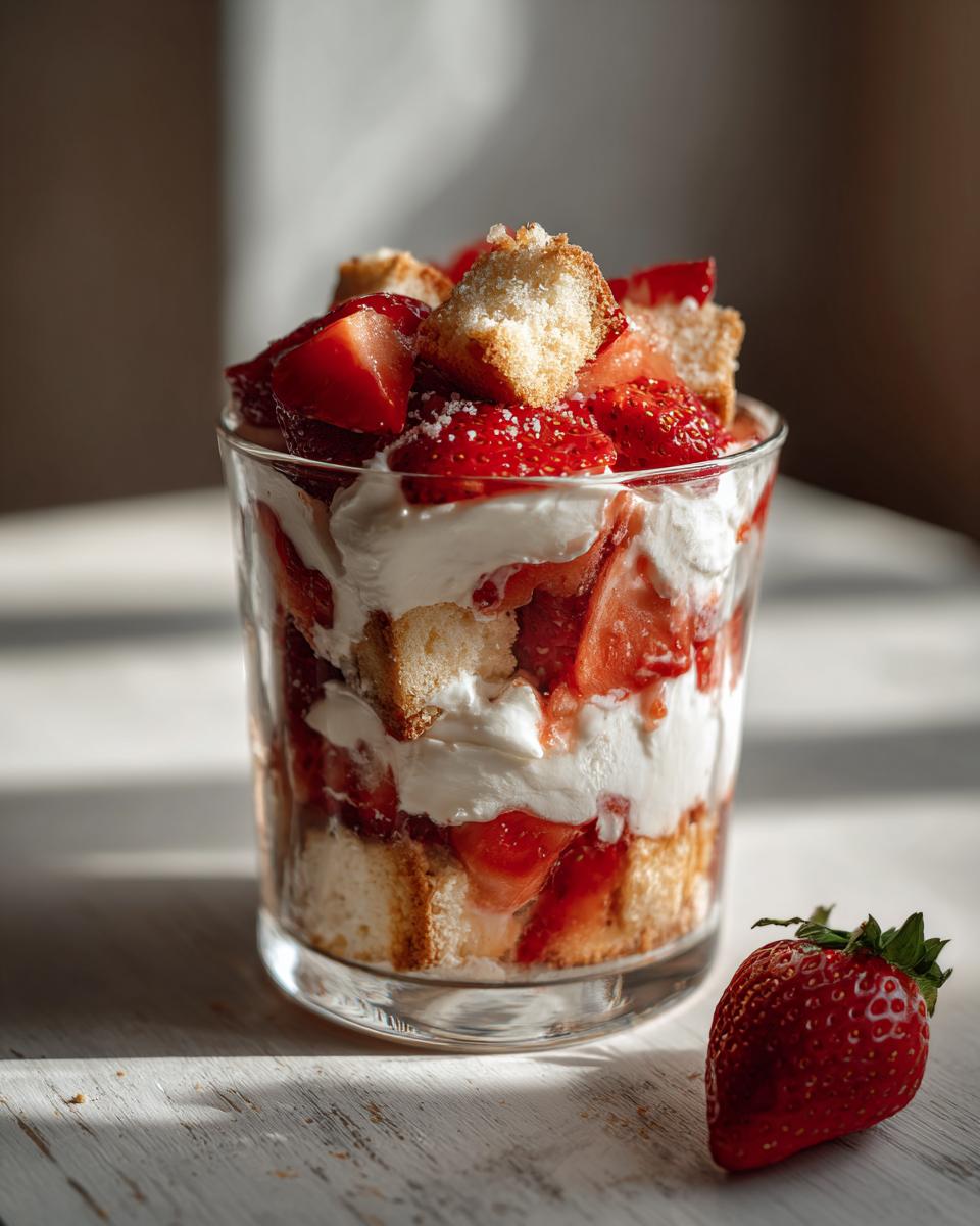 Glass filled with layered strawberry shortcake dessert for easy spring desserts