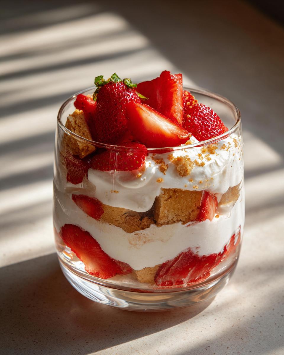 Glass of strawberry shortcake parfait with whipped cream and fresh strawberries