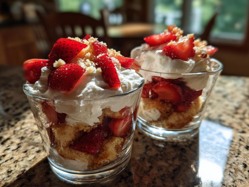 Two glass cups filled with strawberry shortcake snack cups topped with whipped cream and fresh strawberries.