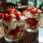 Two glass cups filled with strawberry shortcake snack cups topped with whipped cream and fresh strawberries.