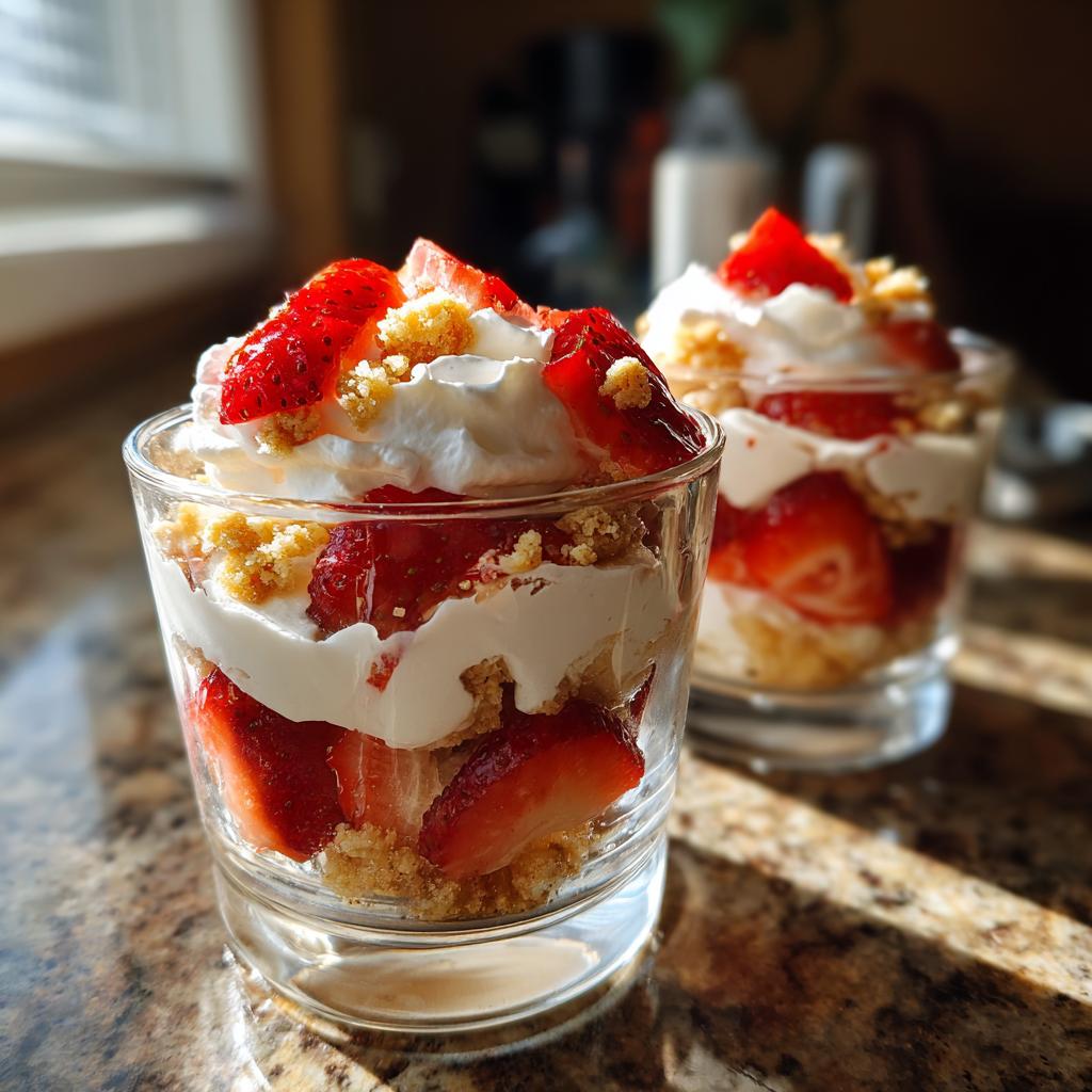 Two glass cups filled with strawberry shortcake snack cups layered with strawberries, cream, and crumbs.