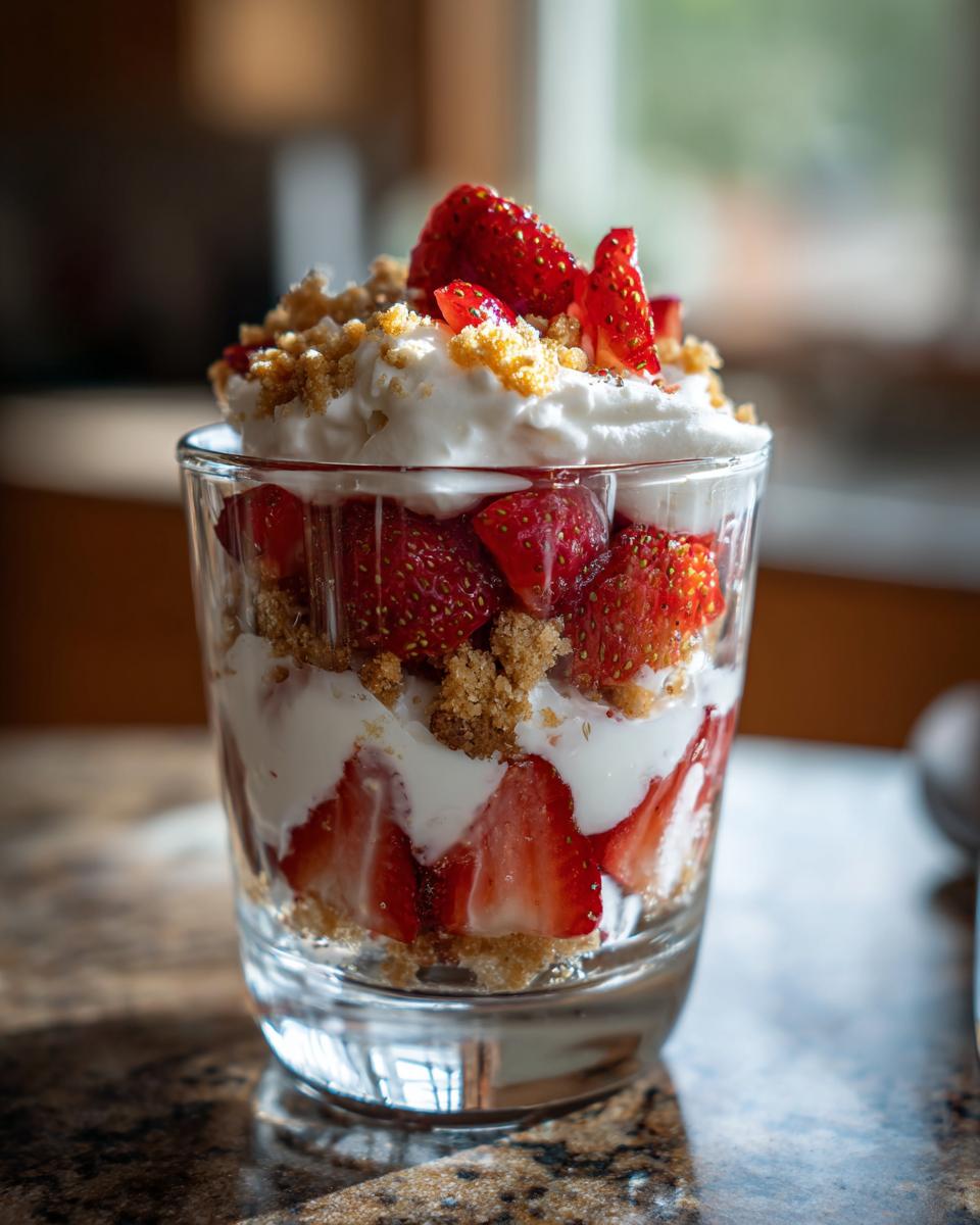 Glass filled with strawberry shortcake snack cups layered with strawberries, cream, and crumbs.