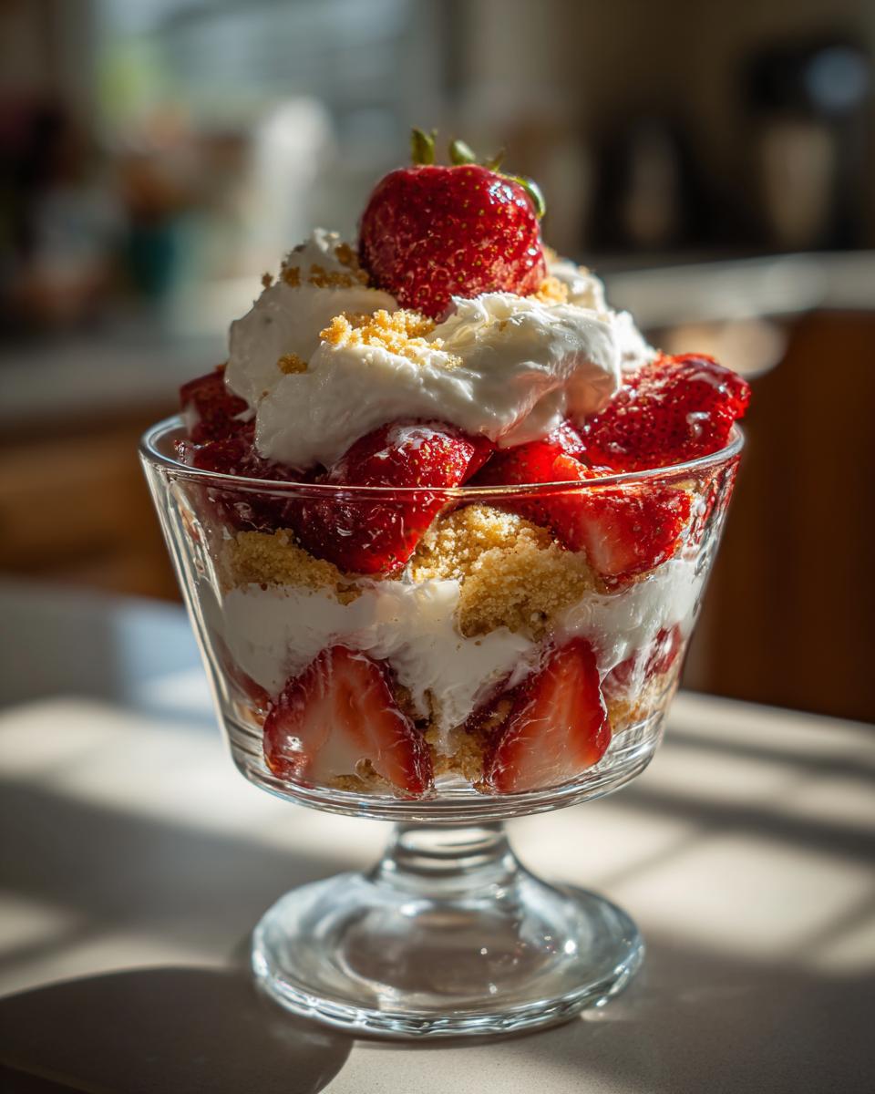 Glass cup filled with strawberry shortcake snack cups topped with whipped cream and fresh strawberries.