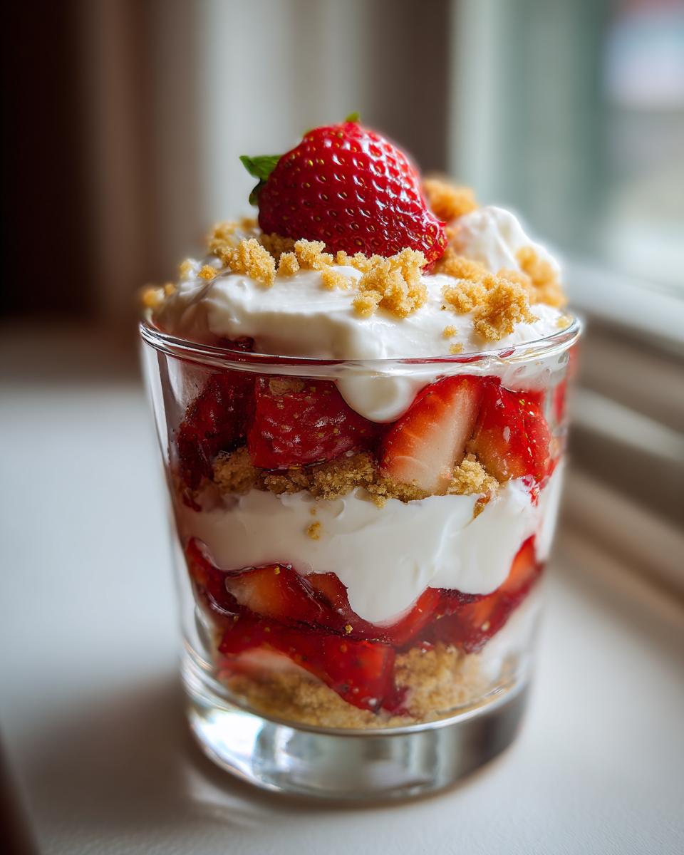 Glass cup layered with strawberry shortcake snack cups featuring fresh strawberries, cream, and crumb topping.