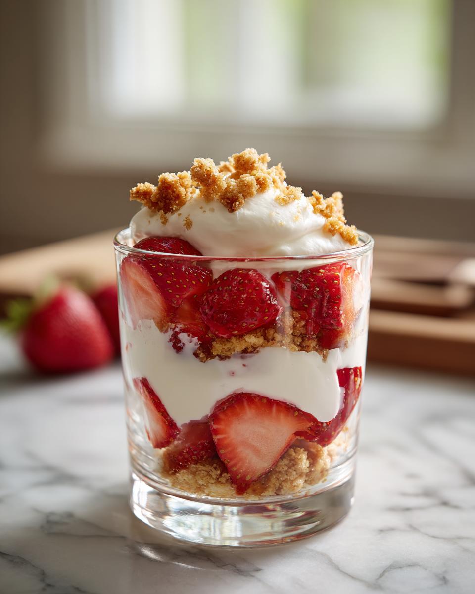 Glass cup filled with strawberry shortcake snack cups layered with fresh strawberries, whipped cream, and crumb topping.
