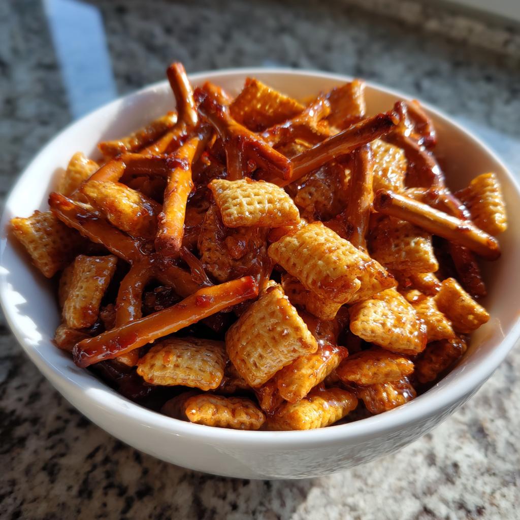 White bowl filled with sweet chili snack mix including pretzels and cereal pieces.