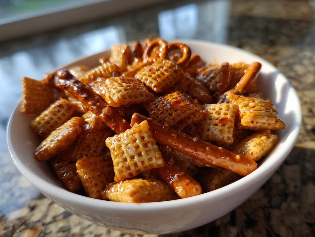 Close-up of a bowl filled with sweet chili snack mix including pretzels and cereal pieces.