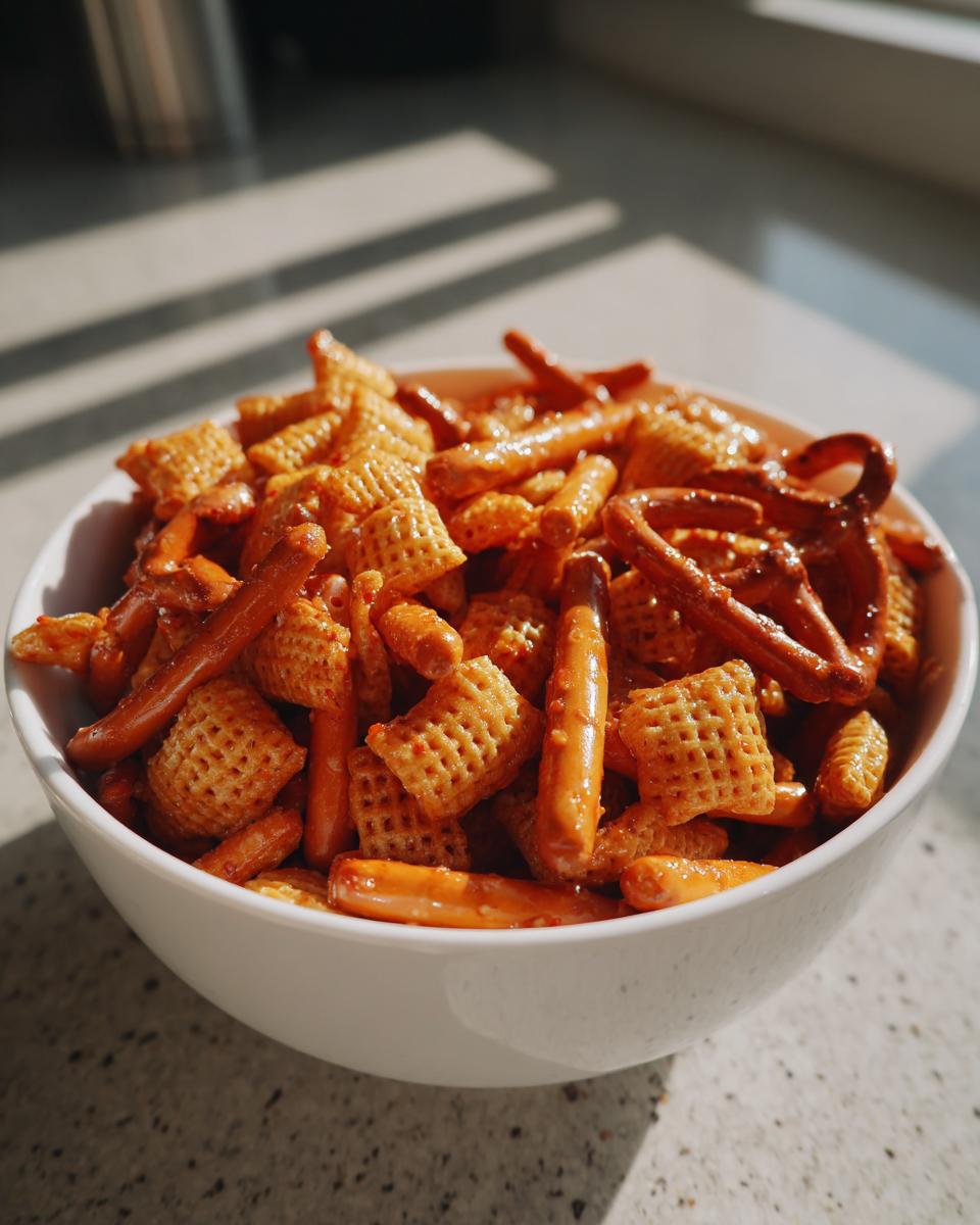 White bowl filled with crunchy sweet chili snack mix including pretzels and cereal pieces.