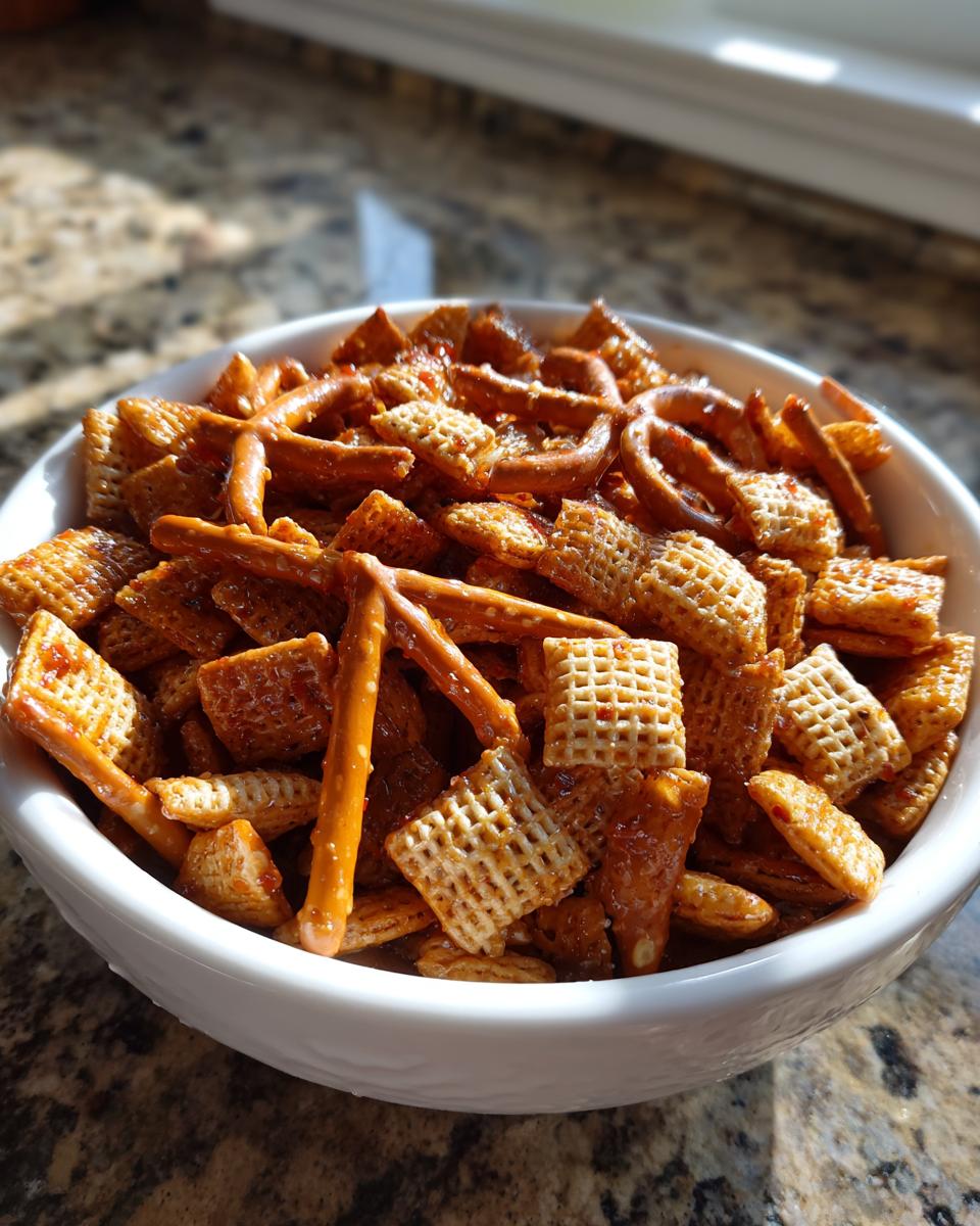 White bowl filled with sweet chili snack mix including pretzels and Chex cereal on a granite countertop