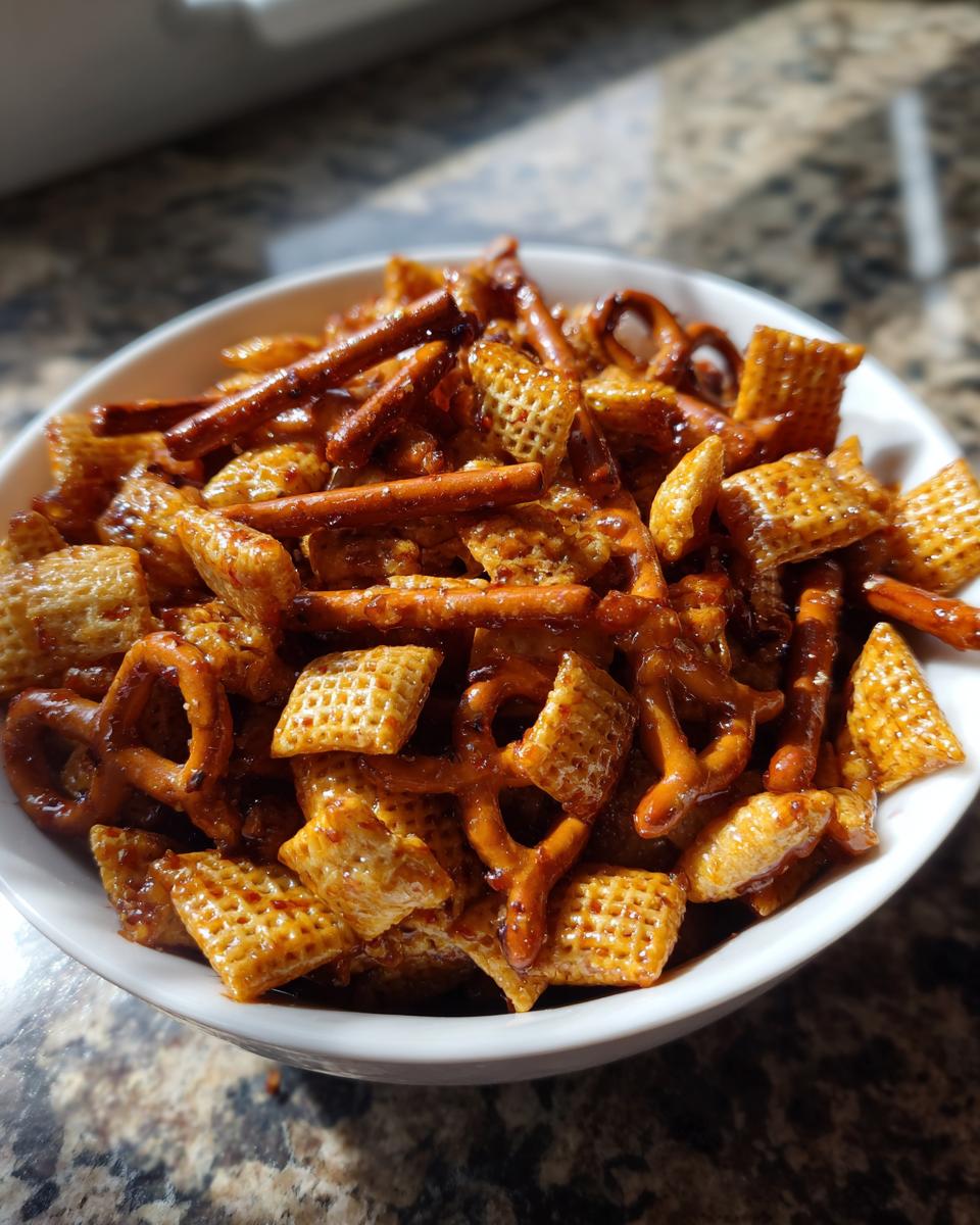 Close-up of a bowl filled with sweet chili snack mix including pretzels and cereal pieces.