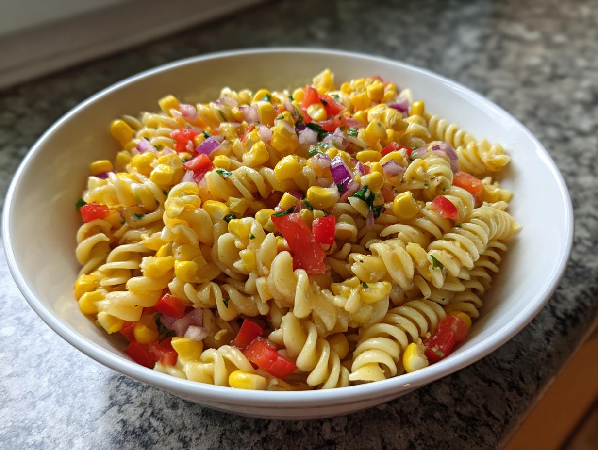 Bowl of sweet corn pasta salad recipe with rotini pasta, corn, red bell peppers, and red onions.